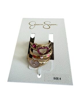 Jessica Simpson Gold Tone Stackable Heart Ring Set with Pink Accents Size 8